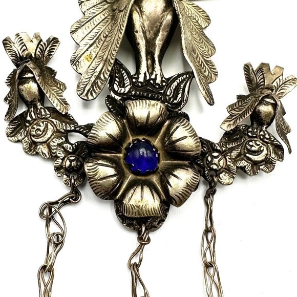 Vintage Peruvian Silver Peacock Tupu Brooch – XL Shawl Pin with Articulated Fish - Picture 6 of 11